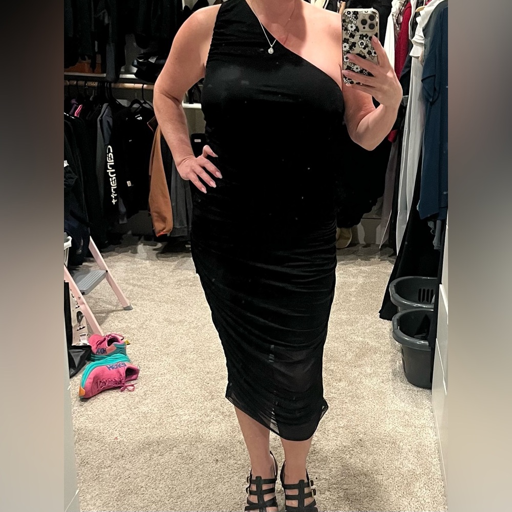 House of Harlow Dress Women's Large Black Bodycon One Shoulder Ruched dress